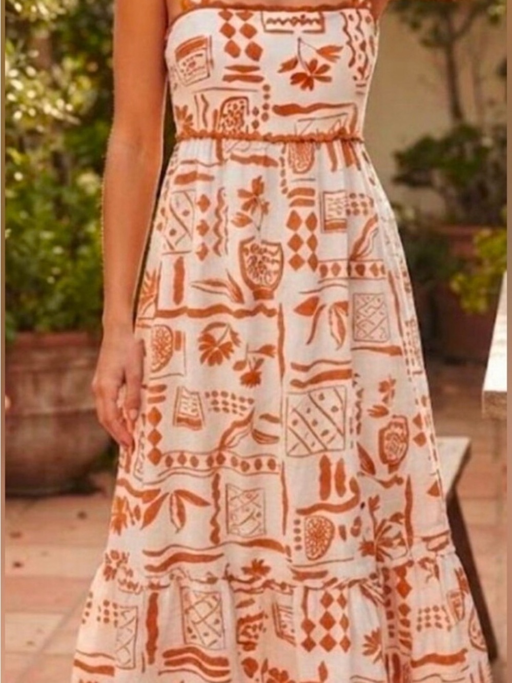 Calypso St. Barth Strapless Cream Maxi Dress with Rust Print